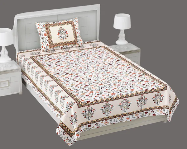 Exquisite_Jaal_Print_In_Orange_And_Brown_In_Pure_Premium_Cotton_On_Single_Bedsheet_With_One_Pillow_Cover