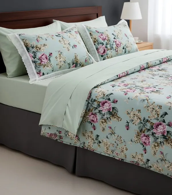 Exquisite_floral_print_in_pink_on_green_pure_cotton_double_bedsheet_and_two_pillow_covers_decorated_with_beautiful_double_lace