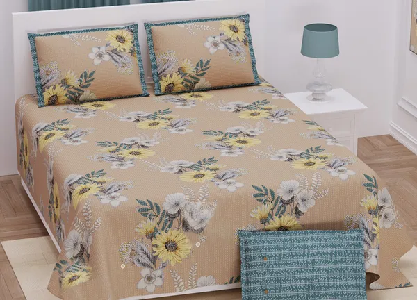 Exquisite_Floral_Print_In_Beige_And_Yellow_Premium_Twill_Cotton_Double_Bedsheet_With_Two_Pillow_Covers