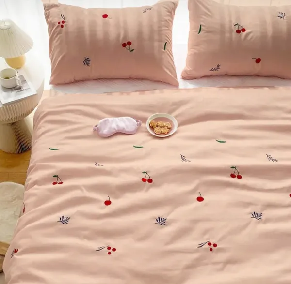 Exquisite_Embroidered_Bedsheet_In_Red_Cherry_And_Green-Blue_Leaf_Pattern_On_Peach_Premium_Cotton_Bedsheet_With_Two_Pillow_Covers