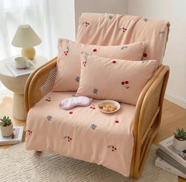 Exquisite_Embroidered_Bedsheet_In_Red_Cherry_And_Green-Blue_Leaf_Pattern_On_Peach_Premium_Cotton_Bedsheet_With_Two_Pillow_Covers
