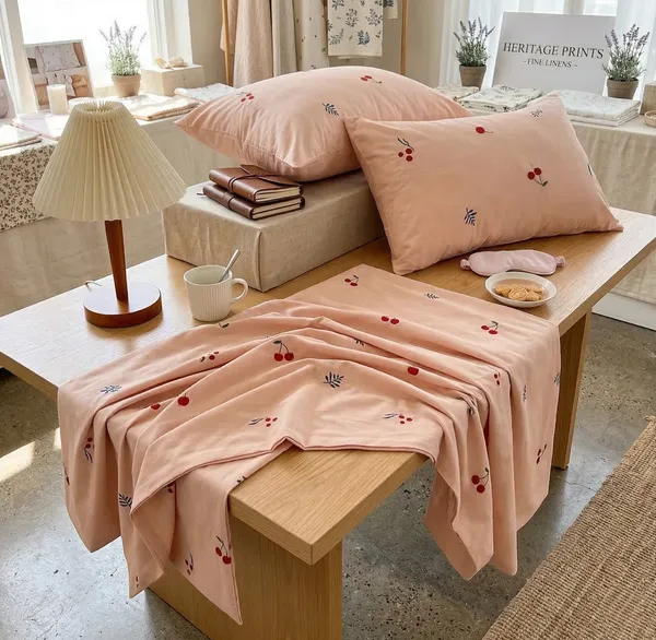 Exquisite_Embroidered_Bedsheet_In_Red_Cherry_And_Green-Blue_Leaf_Pattern_On_Peach_Premium_Cotton_Bedsheet_With_Two_Pillow_Covers