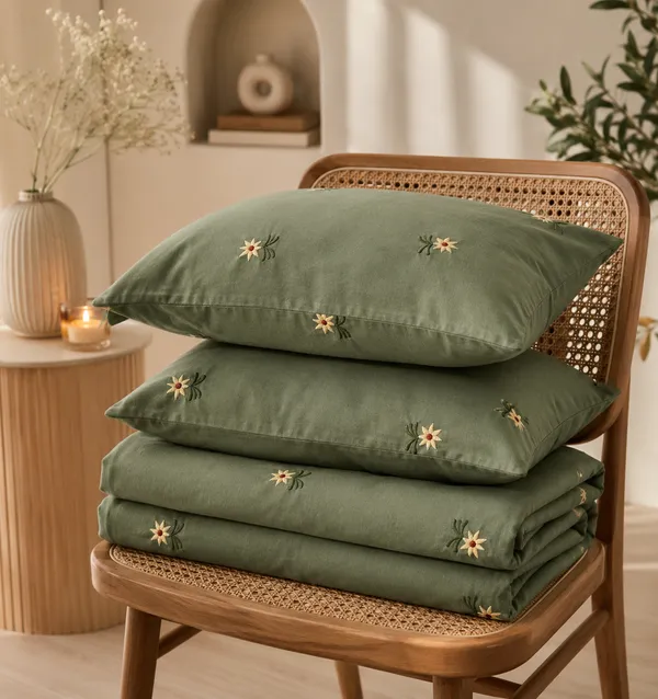 Exquisite_Embroidered_Bedsheet_With_Yellow_Floral_Pattern_On_Moss_Green_In_Premium_Cotton_Bedsheet_Along_With_Two_Pillow_Covers