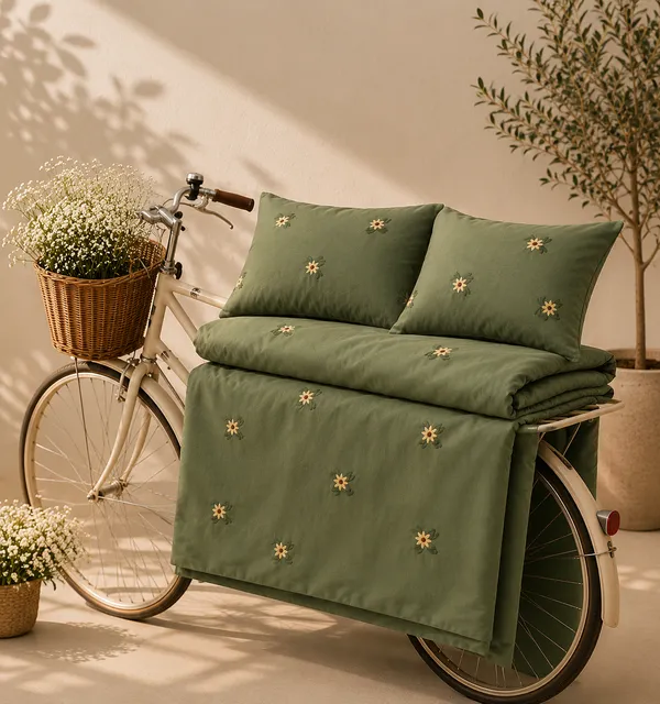 Exquisite_Embroidered_Bedsheet_With_Yellow_Floral_Pattern_On_Moss_Green_In_Premium_Cotton_Bedsheet_Along_With_Two_Pillow_Covers