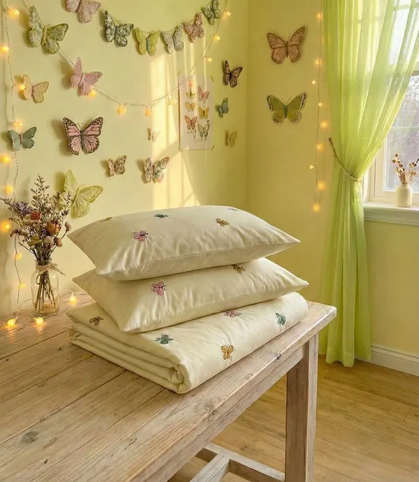Exquisite_Embroidered_Bedsheet_In_Multicolour_Butterfly_Pattern_On_Yellow_Premium_Cotton_Bedsheet_With_Two_Pillow_Covers