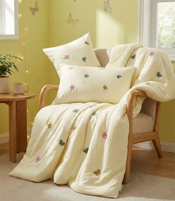 Exquisite_Embroidered_Bedsheet_In_Multicolour_Butterfly_Pattern_On_Yellow_Premium_Cotton_Bedsheet_With_Two_Pillow_Covers