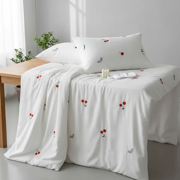 Exquisite_embroidered_cotton_bedsheet_with_red_cherry_and_green-blue_leaf_pattern_on_white_in_premium_cotton_bedsheet_and_two_pillow_covers
