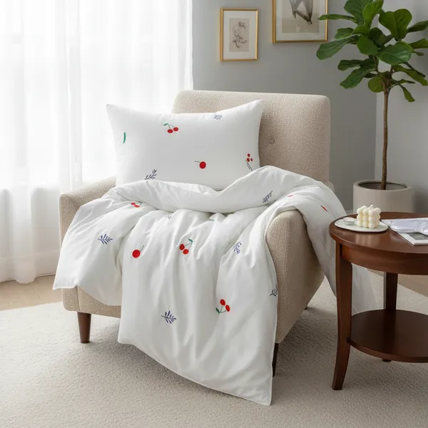 Exquisite_embroidered_cotton_bedsheet_with_red_cherry_and_green-blue_leaf_pattern_on_white_in_premium_cotton_bedsheet_and_two_pillow_covers