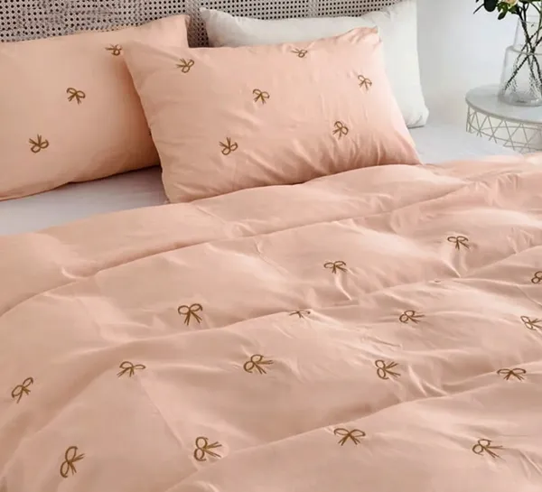Exquisite_Embroidered_Cotton_Bedsheet_With_Brown_Bow_On_Peach_In_Premium_Cotton_Bedsheet_Along_With_Two_Pillow_Covers