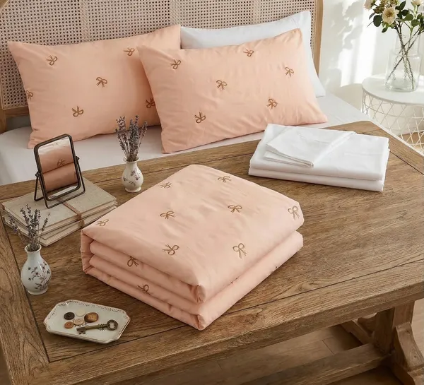 Exquisite_Embroidered_Cotton_Bedsheet_With_Brown_Bow_On_Peach_In_Premium_Cotton_Bedsheet_Along_With_Two_Pillow_Covers