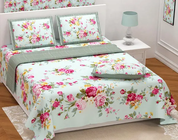 Shades_Of_Pastel_Green_And_Pink_Floral_Print_On_Super_King_size_Double_Bedsheet