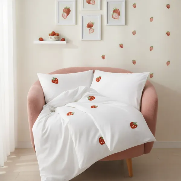Exquisite_embroidered_bedsheet_with_red_strawberry_pattern_on_white_in_premium_cotton_bedsheet_along_with_two_pillow_covers