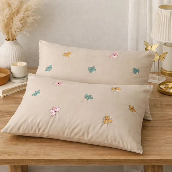 Exquisite_embroidered_cotton_bedsheet_with_multicolour_butterfly_pattern_on_beige_in_premium_cotton_bedsheet_along_with_two_pillow_covers