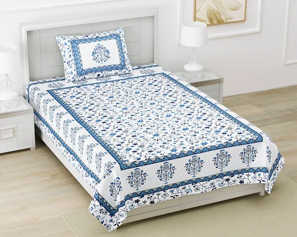 Exquisite_Jaal_Print_In_Blue_On_Cream_In_Pure_Premium_Cotton_On_Single_Bedsheet_With_One_Pillow_Cover