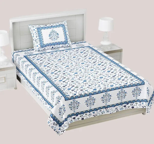 Exquisite_Jaal_Print_In_Blue_On_Cream_In_Pure_Premium_Cotton_On_Single_Bedsheet_With_One_Pillow_Cover