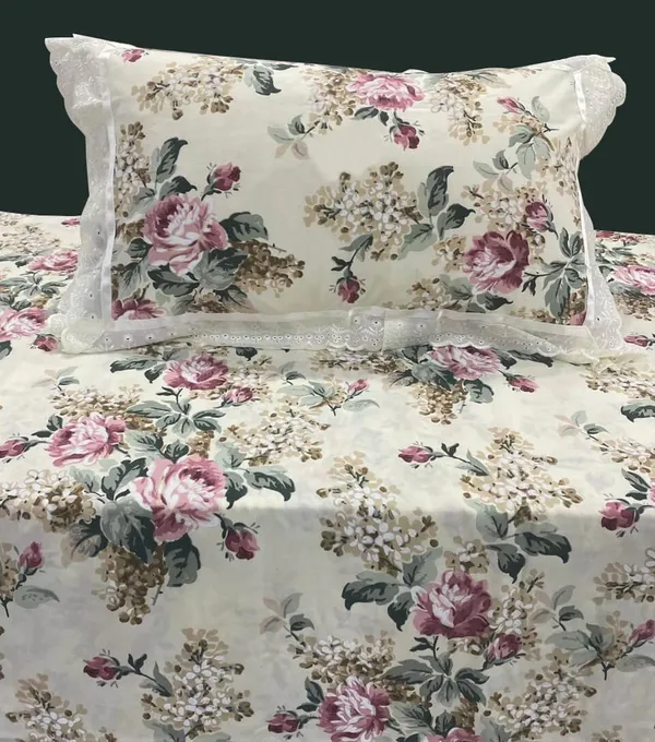 Exquisite_Floral_Rose_Print_In_Pink_On_Cream_Pure_Cotton_Double_Bedsheet_And_Two_Pillow_Covers_Decorated_With_Beautiful_Double_Lace