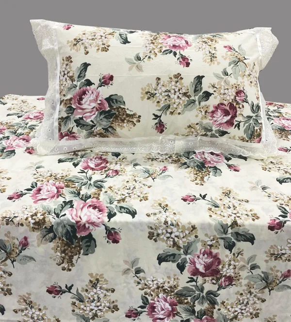 Exquisite_Floral_Rose_Print_In_Pink_On_Cream_Pure_Cotton_Double_Bedsheet_And_Two_Pillow_Covers_Decorated_With_Beautiful_Double_Lace