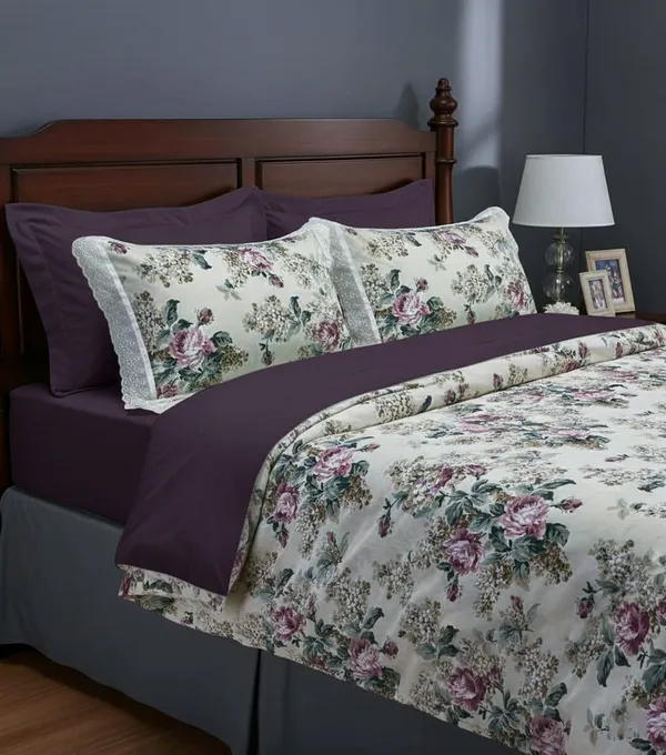 Exquisite_Floral_Rose_Print_In_Pink_On_Cream_Pure_Cotton_Double_Bedsheet_And_Two_Pillow_Covers_Decorated_With_Beautiful_Double_Lace
