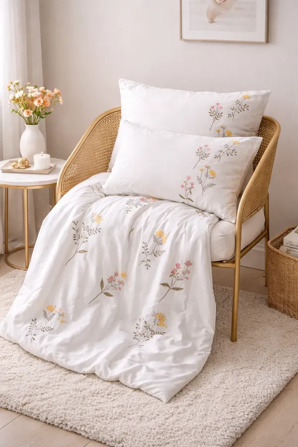 Exquisite_embroidered_bedsheet_in_orange,_yellow_and_green_floral_pattern_on_ivory_premium_cotton_bedsheet_with_two_pillow_covers
