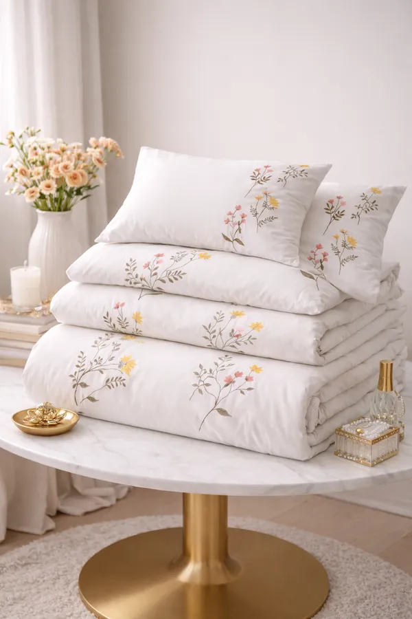 Exquisite_embroidered_bedsheet_in_orange,_yellow_and_green_floral_pattern_on_ivory_premium_cotton_bedsheet_with_two_pillow_covers