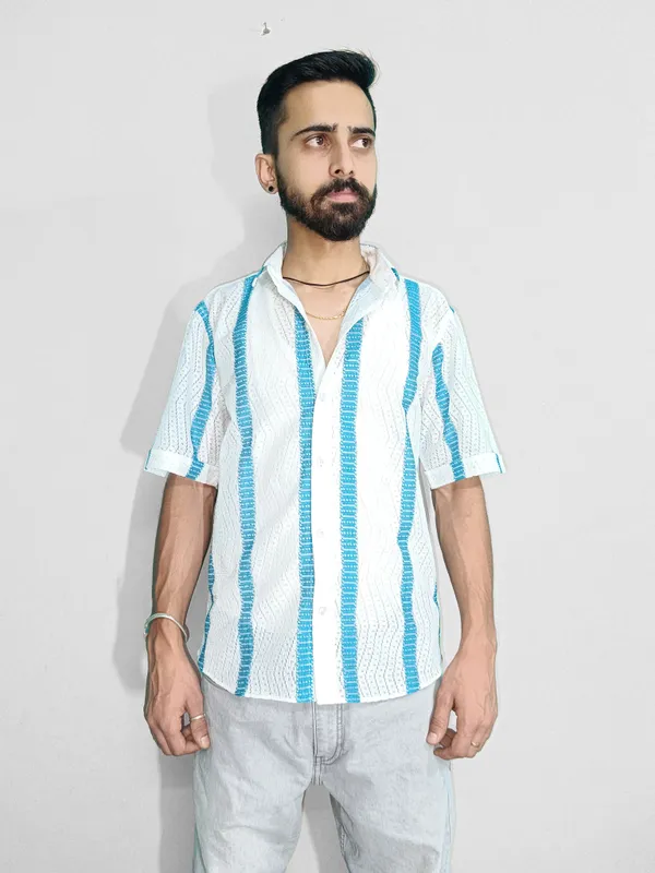 White_And_Blue_Cotton_Blend_Shirt_For_Men