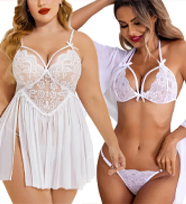 White_Floral_Lace_Babydoll_Set_With_Matching_Bra_And_Panty_Combo_Lingerie_For_Women