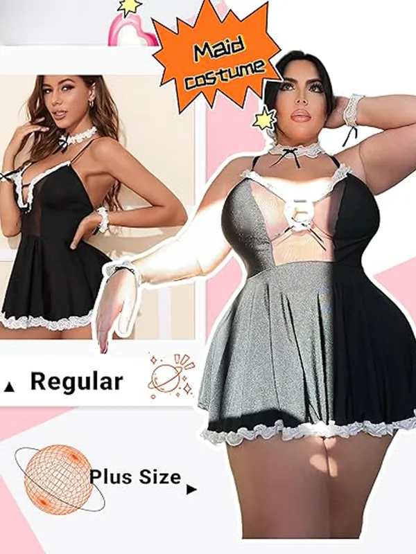 Black_Mini_Dress_With_White_Lace_Trim_Spaghetti_Strap_Flared_Skirt_Mesh_Panel_French_Maid_Costume_For_Women
