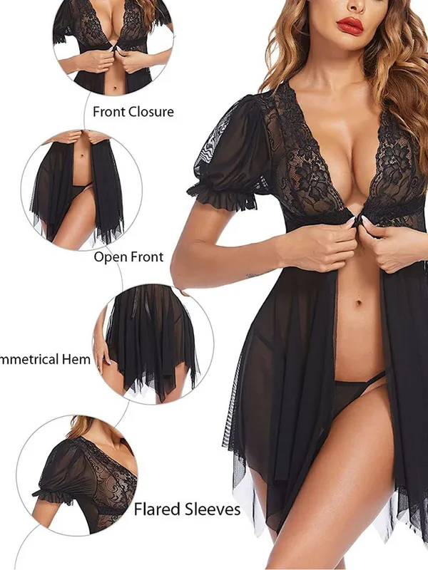 Black_Vneck_Mesh_Sling_Babydoll_Dress_Honeymoon_Anniversary_Bridal_Nightdress_Lace_Lingerie_For_Women
