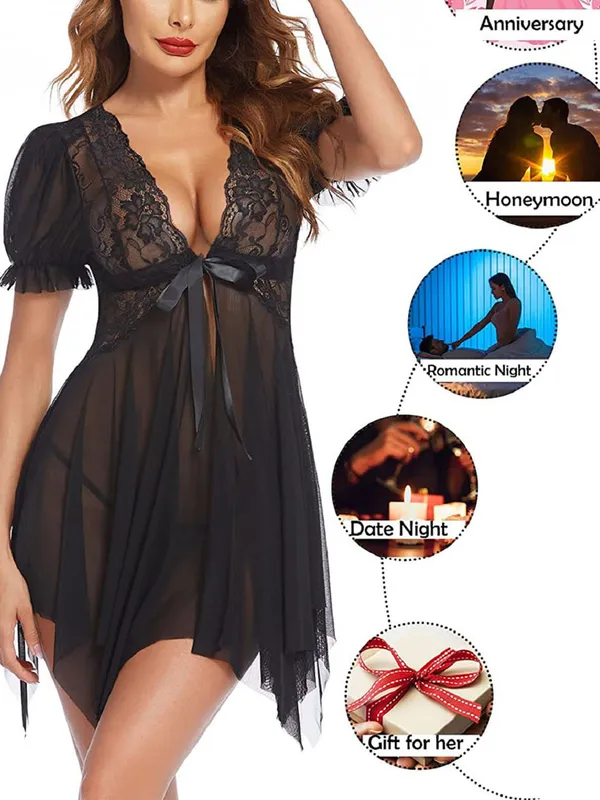 Black_Vneck_Mesh_Sling_Babydoll_Dress_Honeymoon_Anniversary_Bridal_Nightdress_Lace_Lingerie_For_Women
