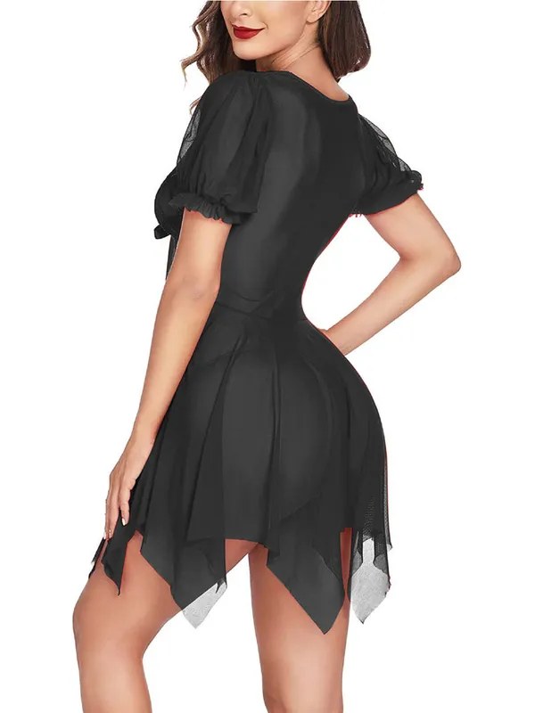 Black_Puff_Sleeve_Vneck_Babydoll_With_Bow_Detail_Sheer_Lace_Nightwear_For_Women