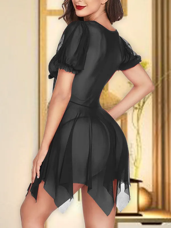 Black_Puff_Sleeve_Vneck_Babydoll_With_Bow_Detail_Sheer_Lace_Nightwear_For_Women