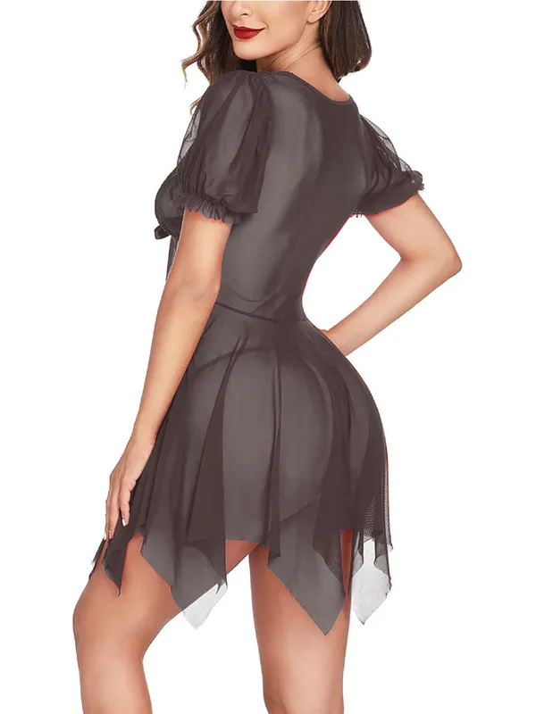 Black_Puff_Sleeve_Vneck_Babydoll_With_Bow_Detail_Sheer_Lace_Nightwear_For_Women
