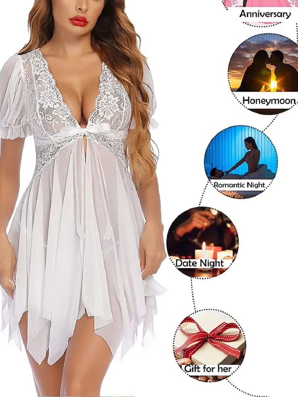 White_Puff_Sleeve_Vneck_Babydoll_With_Bow_Detail_Sheer_Lace_Nightwear_Black_For_Women