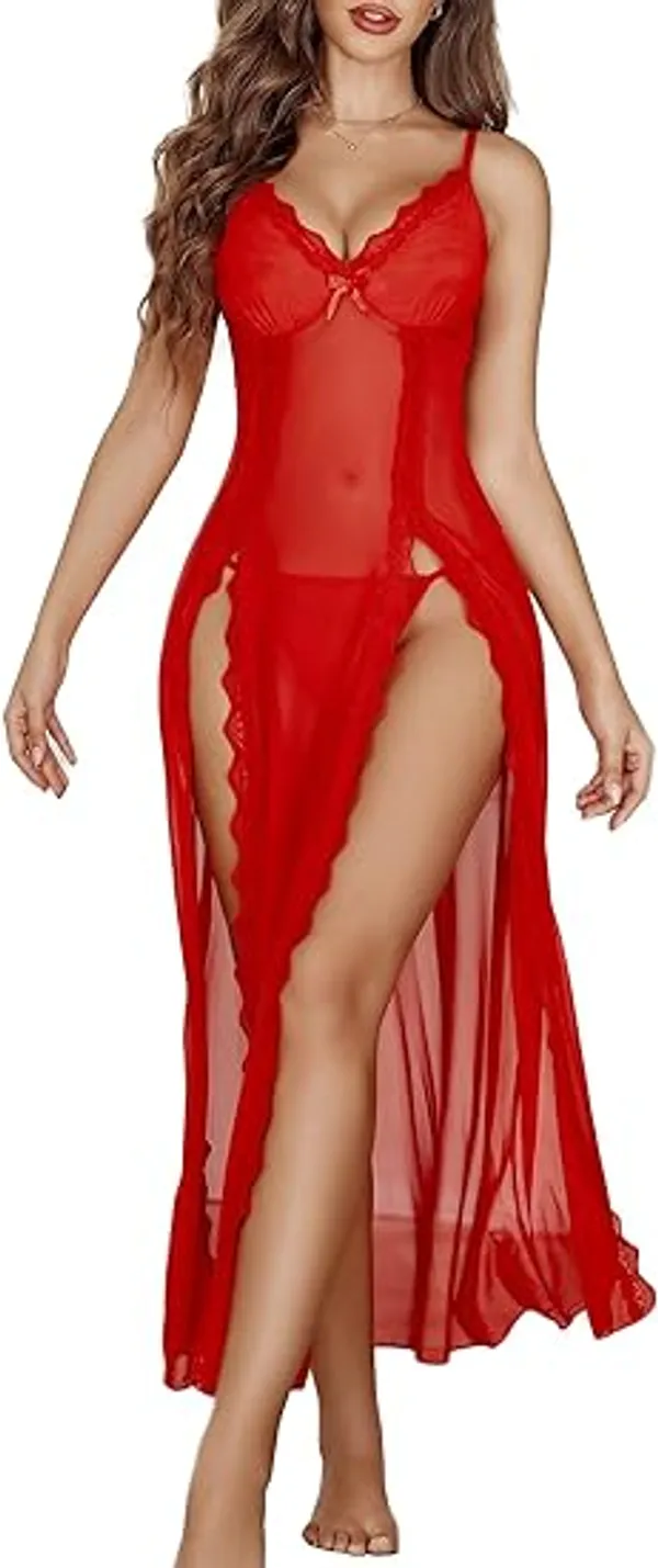 Red_Vneck_Mesh_Nightdress_With_Side_Split_Lace_Babydoll_Chemise_For_Women