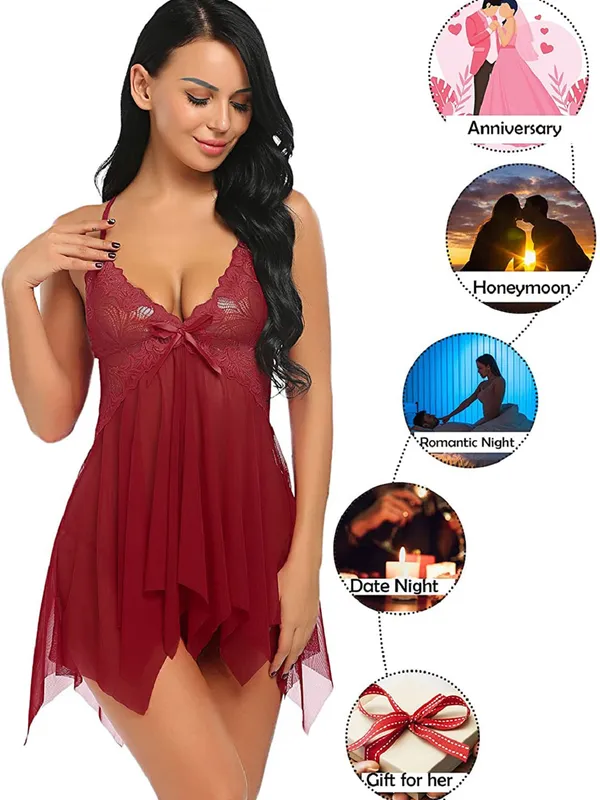 Maroon_Mesh_Floral_Above_Knee_Length_Babydoll_Lingerie_For_Women