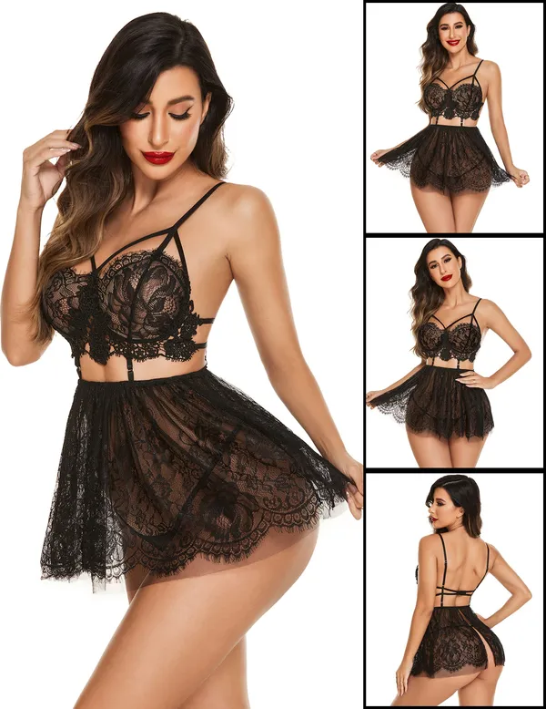 Black_Strappy_Sheer_Nightwear_With_Floral_Lace_And_Underbust_Cutout_Babydoll_Lingerie_For_Women