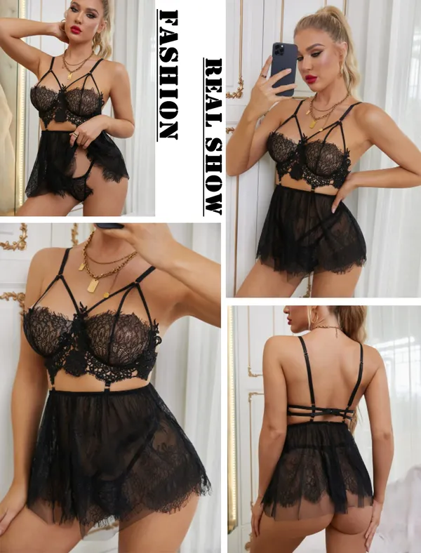 Black_Strappy_Sheer_Nightwear_With_Floral_Lace_And_Underbust_Cutout_Babydoll_Lingerie_For_Women