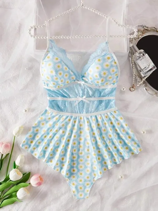 Light_Blue_Floral_Print_Vneck_Teddy_With_Sheer_Lace_Waist_And_Adjustable_Straps_Lingerie_Romper_For_Women