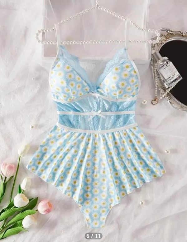 Light_Blue_Floral_Print_Vneck_Teddy_With_Sheer_Lace_Waist_And_Adjustable_Straps_Lingerie_Romper_For_Women