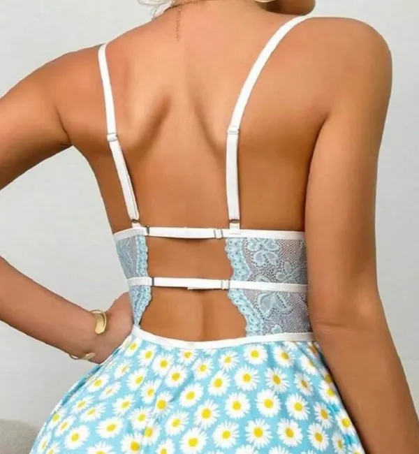Light_Blue_Floral_Print_Vneck_Teddy_With_Sheer_Lace_Waist_And_Adjustable_Straps_Lingerie_Romper_For_Women