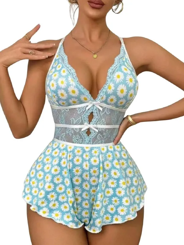 Light_Blue_Floral_Print_Vneck_Teddy_With_Sheer_Lace_Waist_And_Adjustable_Straps_Lingerie_Romper_For_Women