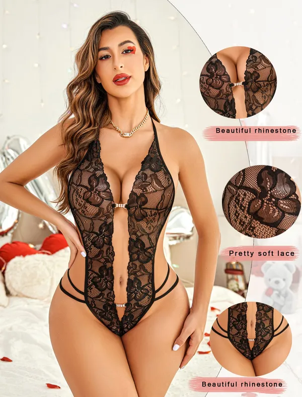 Black_Deep_V_Sheer_Halter_Bodysuit_With_Strappy_Back_And_Open_Front_Lace_Teddy_Lingerie_For_Women