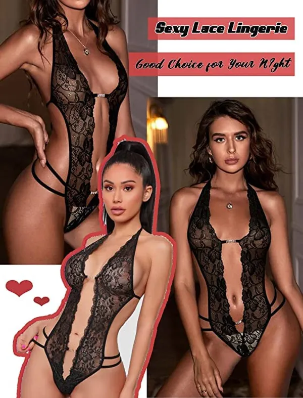 Black_Deep_V_Sheer_Halter_Bodysuit_With_Strappy_Back_And_Open_Front_Lace_Teddy_Lingerie_For_Women