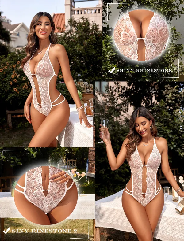 White_Deep_V_Sheer_Halter_Bodysuit_With_Strappy_Back_And_Open_Front_Lace_Teddy_Lingerie_For_Women