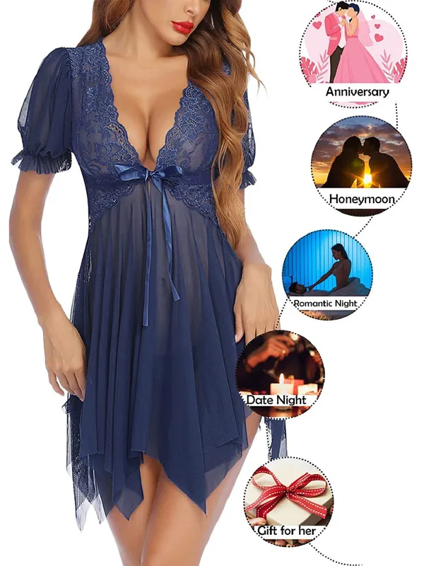 Royal_Blue_Puff_Sleeve_Vneck_Babydoll_With_Bow_Detail_Sheer_Lace_Nightwear_Black_For_Women