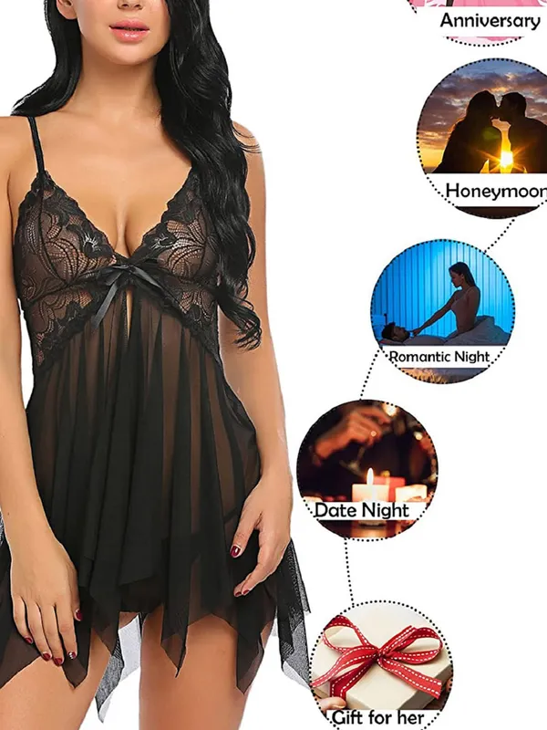 Black_Lace_Floral_Above_Knee_Length_Babydoll_Lingerie_For_Women