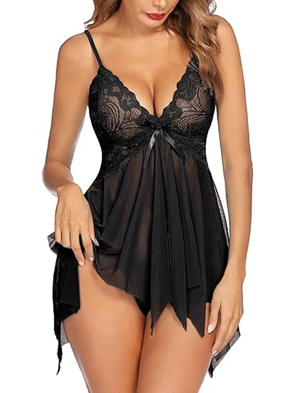 Black_Lace_Floral_Above_Knee_Length_Babydoll_Lingerie_For_Women