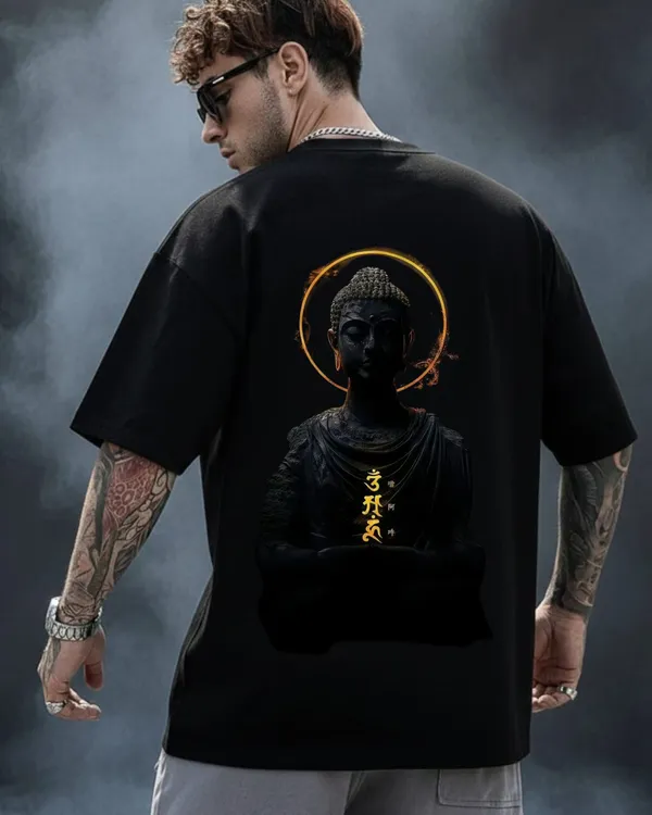 Dark_Statue_Buddha_&_Minimalist_Lotus_Black_Oversize_Tee