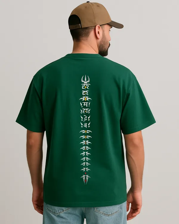 Bottle_Green_Trishul_Spine:_Maha_Mrityunjaya_Oversized_Printed_T-Shirt