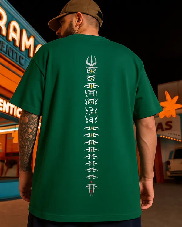 Bottle_Green_Trishul_Spine:_Maha_Mrityunjaya_Oversized_Printed_T-Shirt
